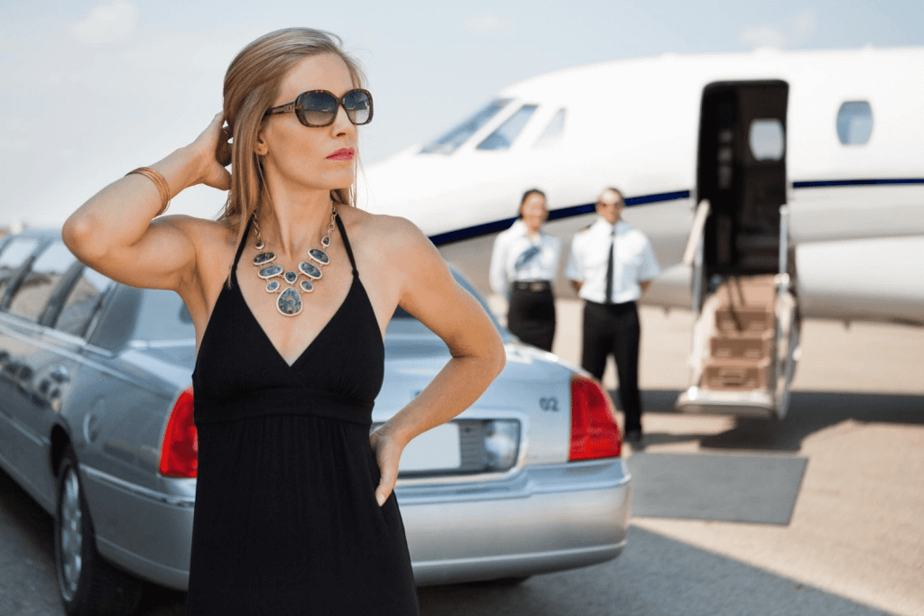 affluent lady outside private jet